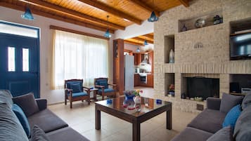 Flat-screen TV, fireplace, DVD player, books
