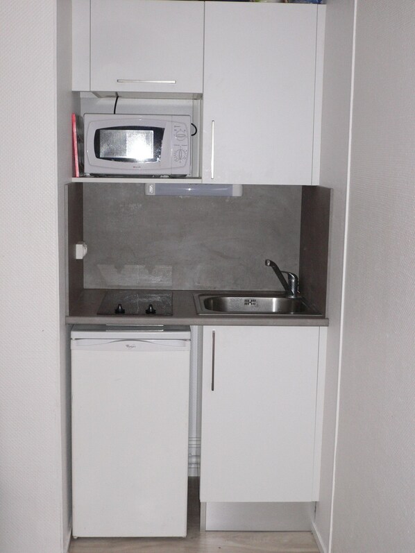 Une petite cuisine équipée d’un four à micro-ondes, d’un évier et d’un petit réfrigérateur.