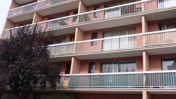A multi-story building with balconies, windows, and a tree in the foreground.