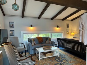 Smart TV, fireplace, books, video library