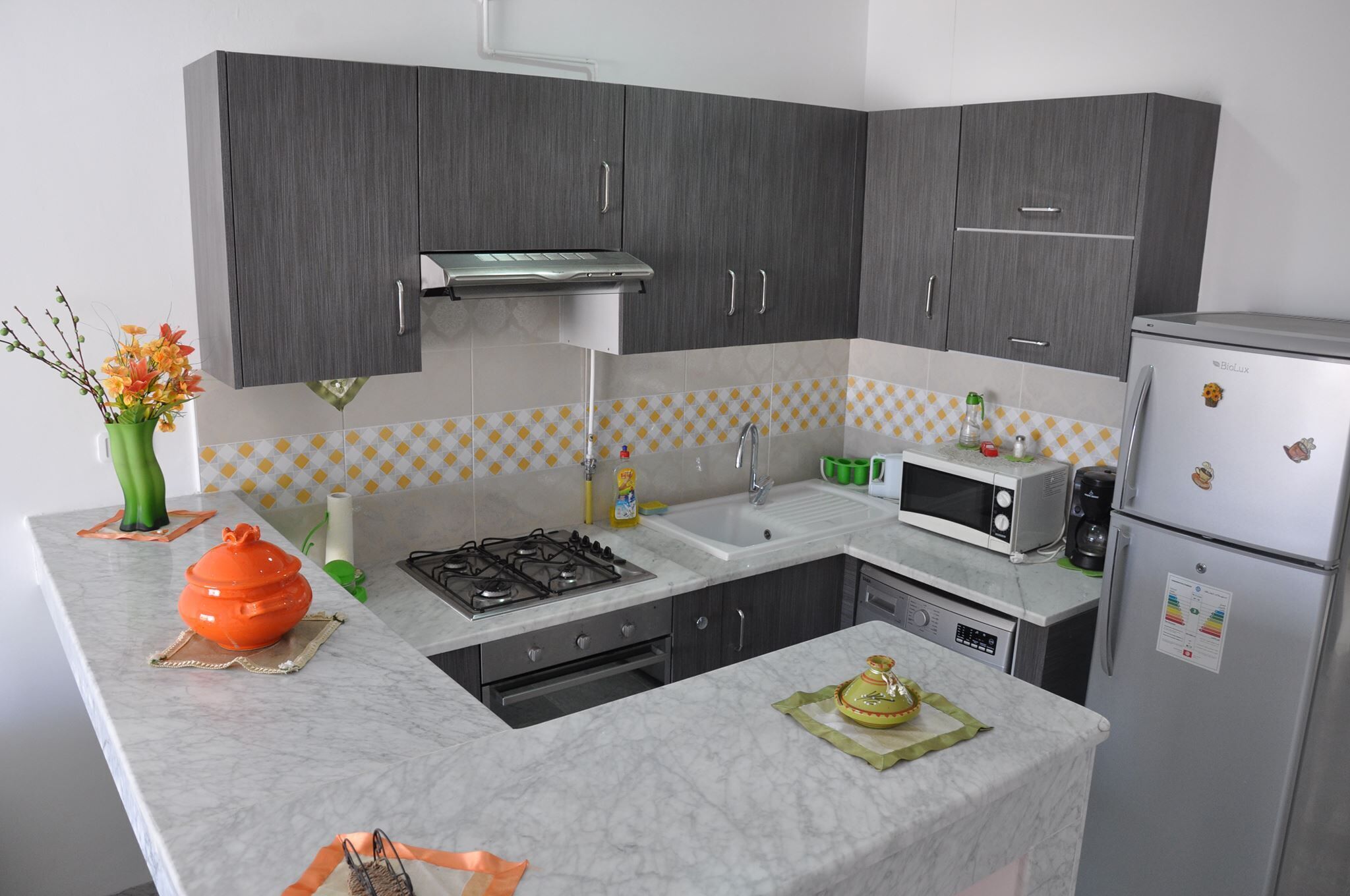 Een koelkast, een magnetron, een oven, een kookplaat