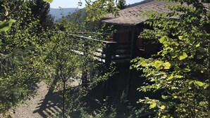 Uma cabana de madeira com telhado inclinado, rodeada por vegetação densa e um caminho de cascalho.