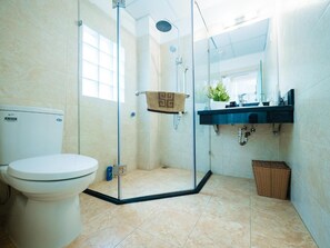 Shower, free toiletries, hair dryer, slippers