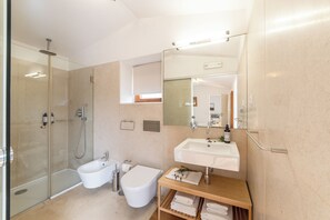 Shower, hair dryer, bidet, towels