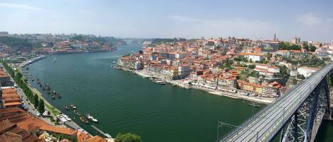 A river with boats, a bridge, and buildings along the riverbank.