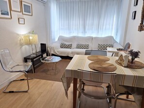 Smart TV, fireplace, DVD player, books