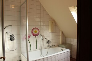 Combined shower/bathtub, hair dryer, towels, toilet paper - Spacious apartment right on the Fürstenauer castle (Fürstenau)