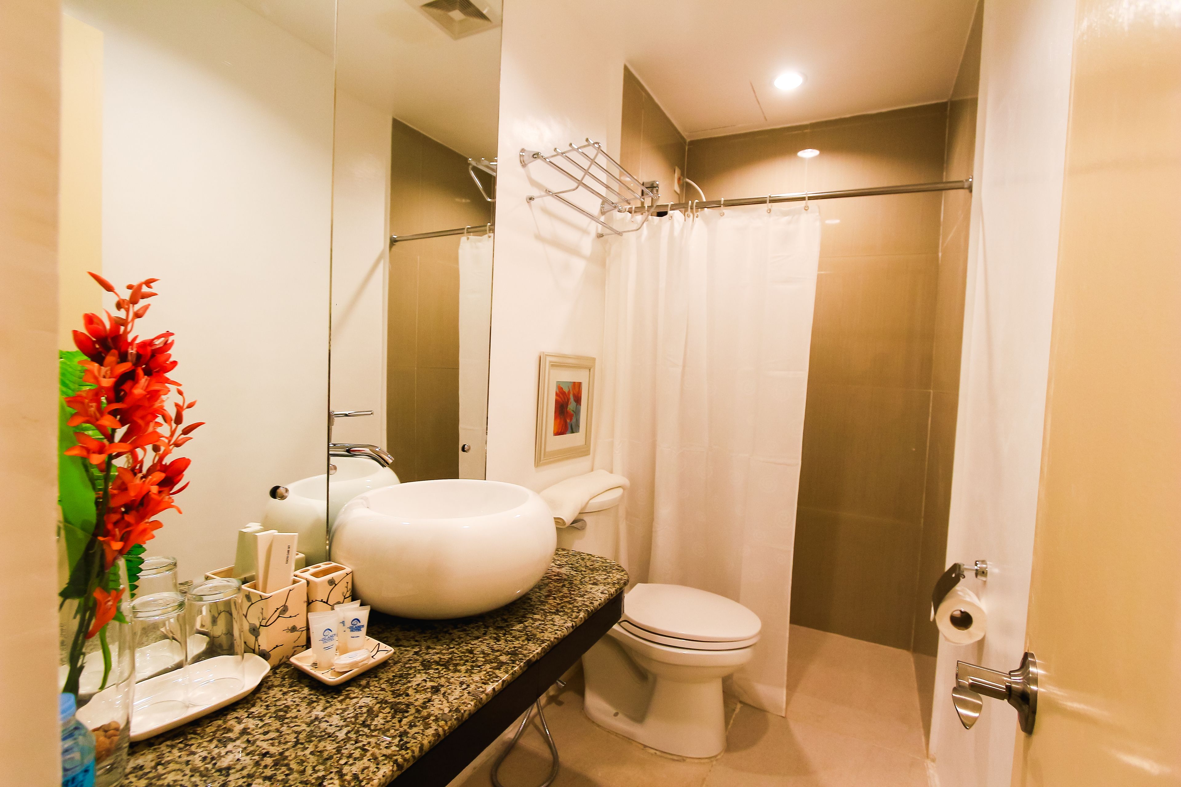 Une salle de bain avec un grand lavabo blanc, des toilettes et un rideau de douche.