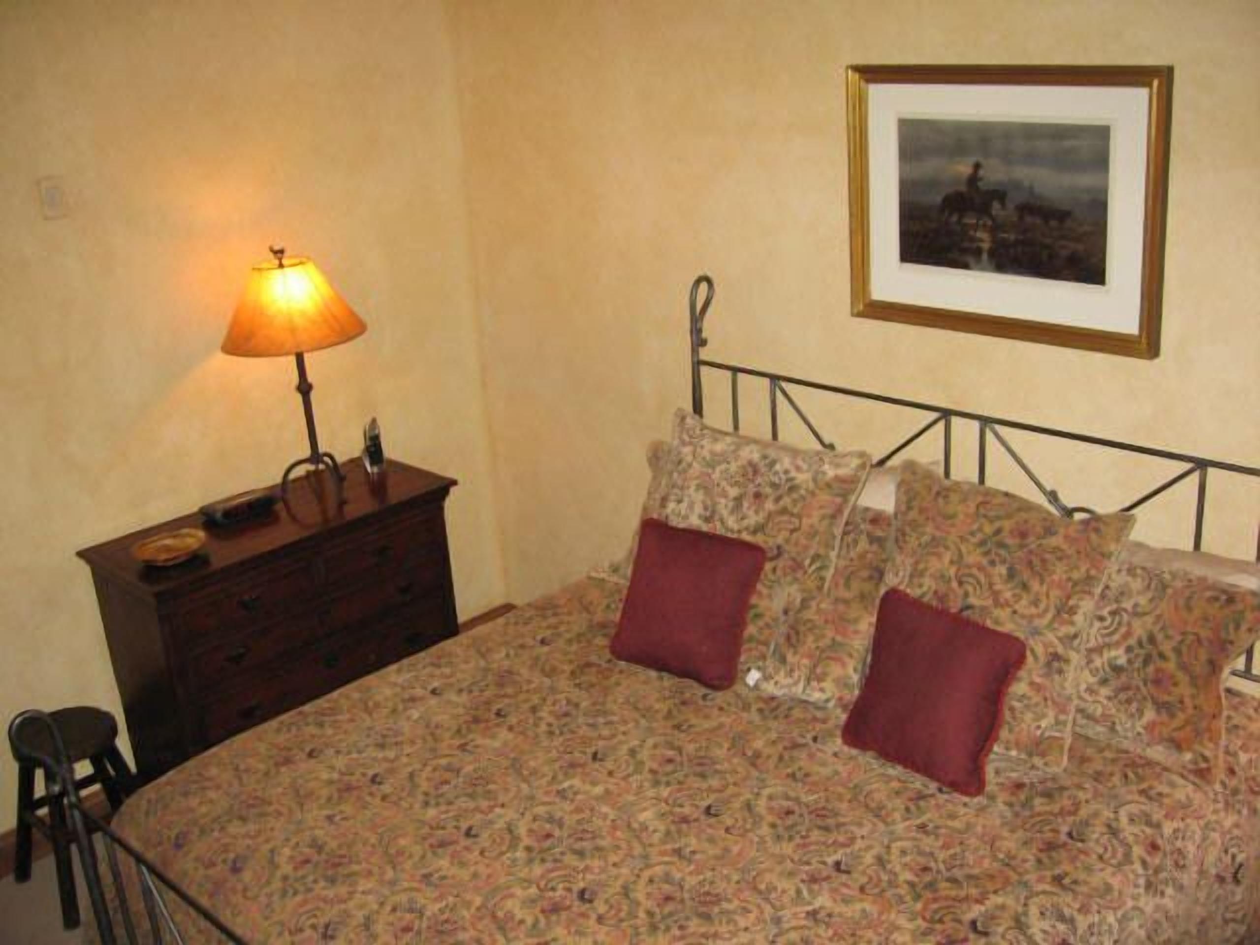 A bed with floral bedding and two red pillows, a bedside table with a lamp, and a framed picture on the wall.