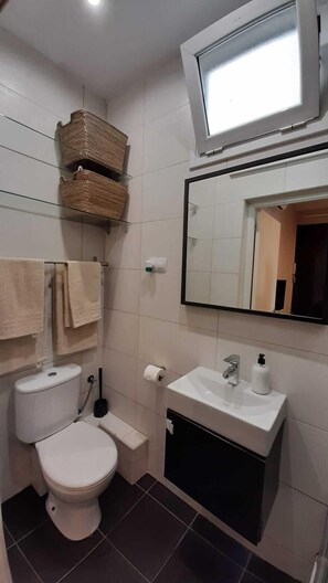 Shower, hair dryer, towels, toilet paper