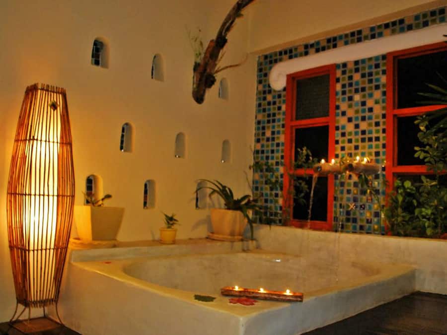 Zona de spa con bañera, plantas en macetas y una lámpara decorativa.