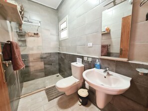 Shower, hair dryer, towels, soap