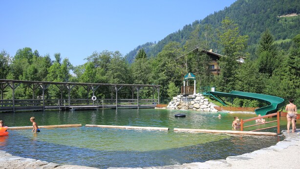 Una piscina con muelle de madera y un tobogán verde, rodeada de árboles y una montaña al fondo.