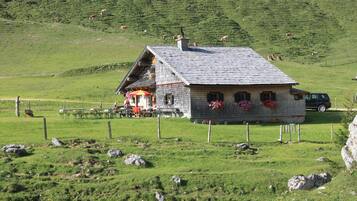 A rustic chalet with a sloped roof, a wooden deck, and flower boxes on the windows.