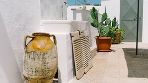 Un patio con una maceta de cerámica grande, una pared blanca y una planta de cactus.