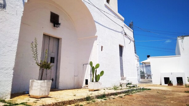 Un edificio blanco con un gran arco de entrada, plantas en macetas y un cielo azul despejado.