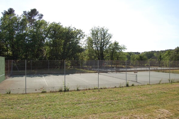 An outdoor tennis court surrounded by a chain-link fence, with trees in the background.