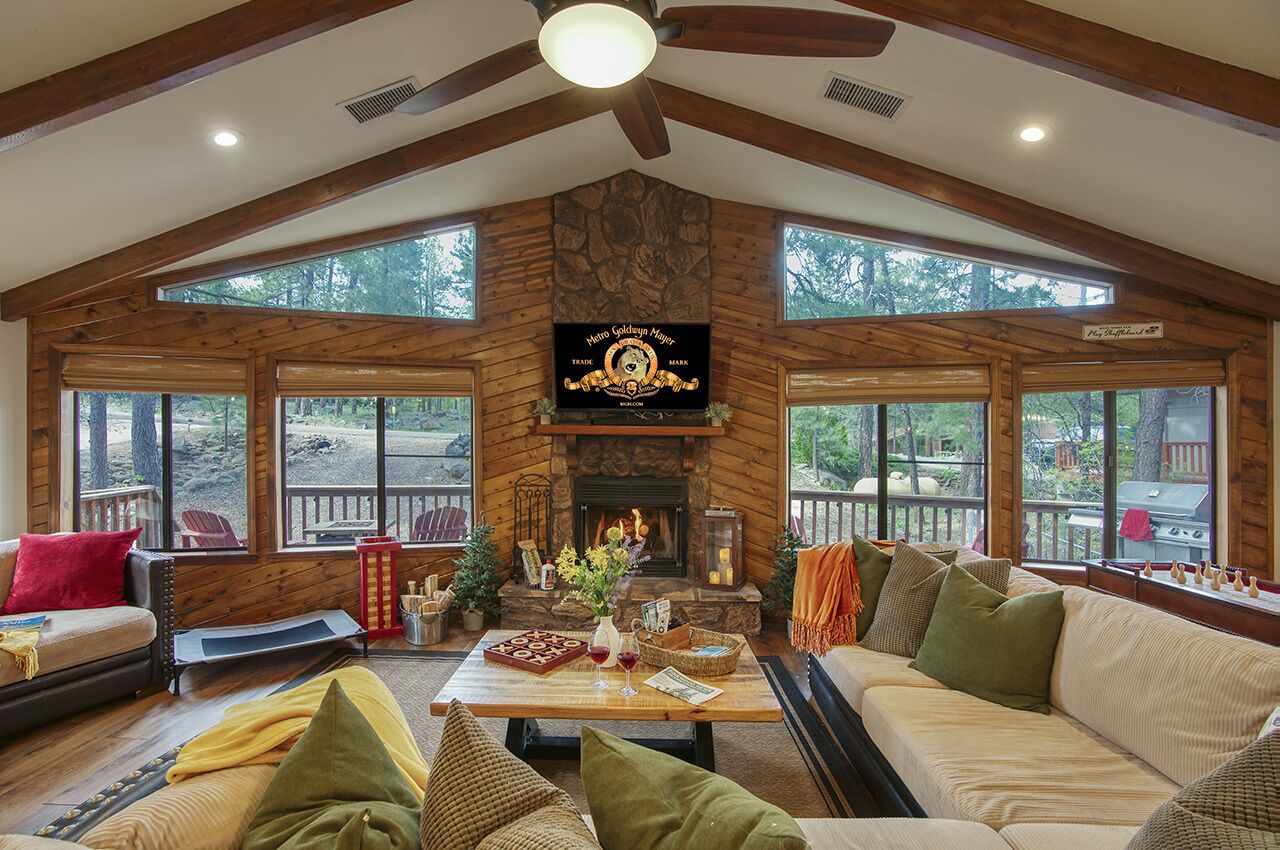 Smart TV, fireplace, video games, DVD player