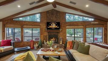 Smart TV, fireplace, video games, DVD player