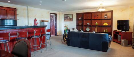 A living room with a bar area, a sofa, and a television.