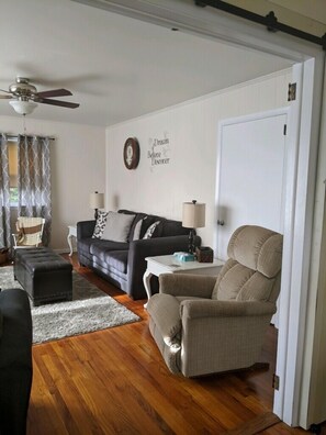 TV connectée, cheminée, lecteur de DVD, livres