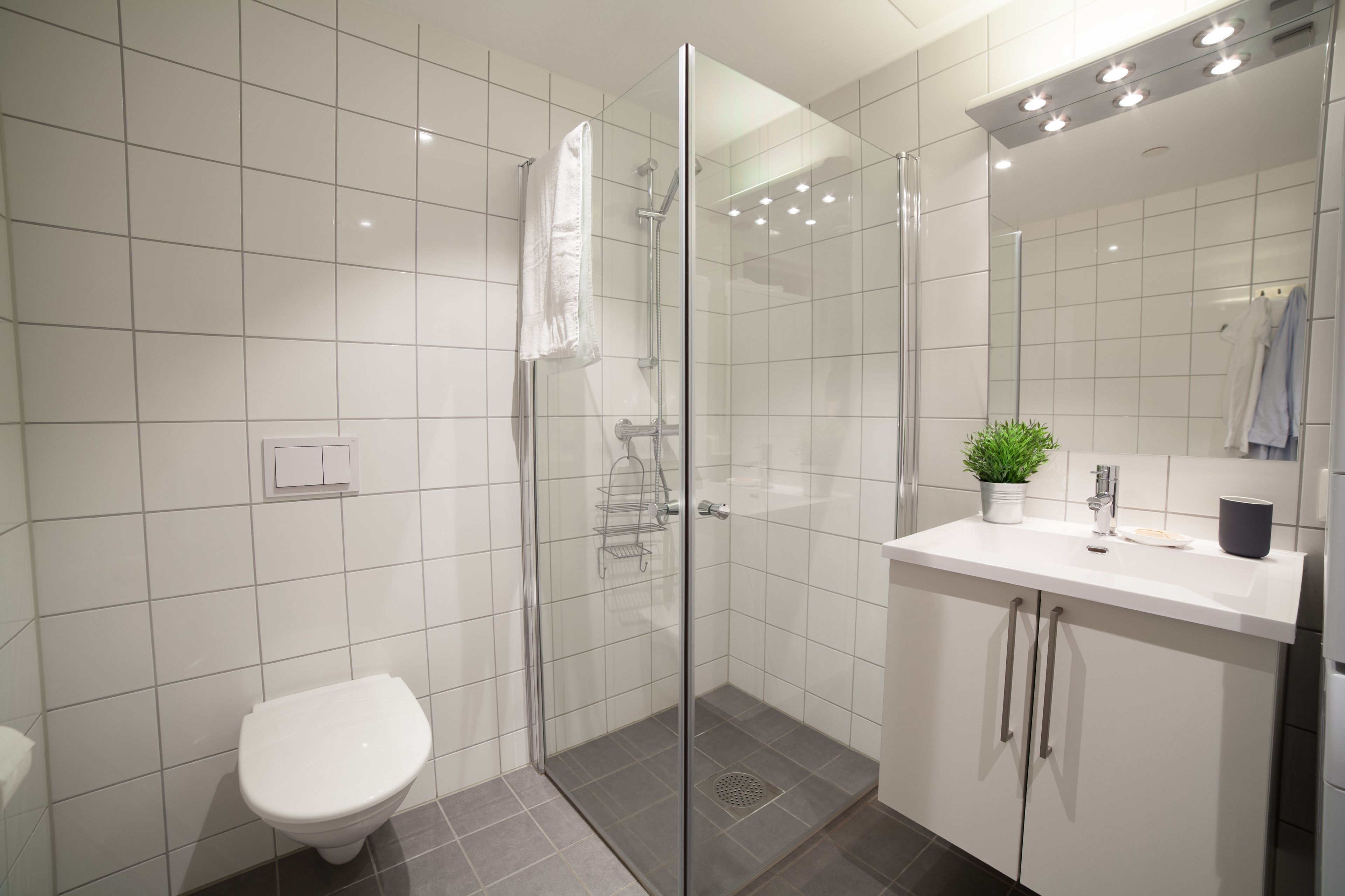 Een moderne badkamer met een glazen douchecabine, een wit toilet en een wastafel met spiegel erboven.