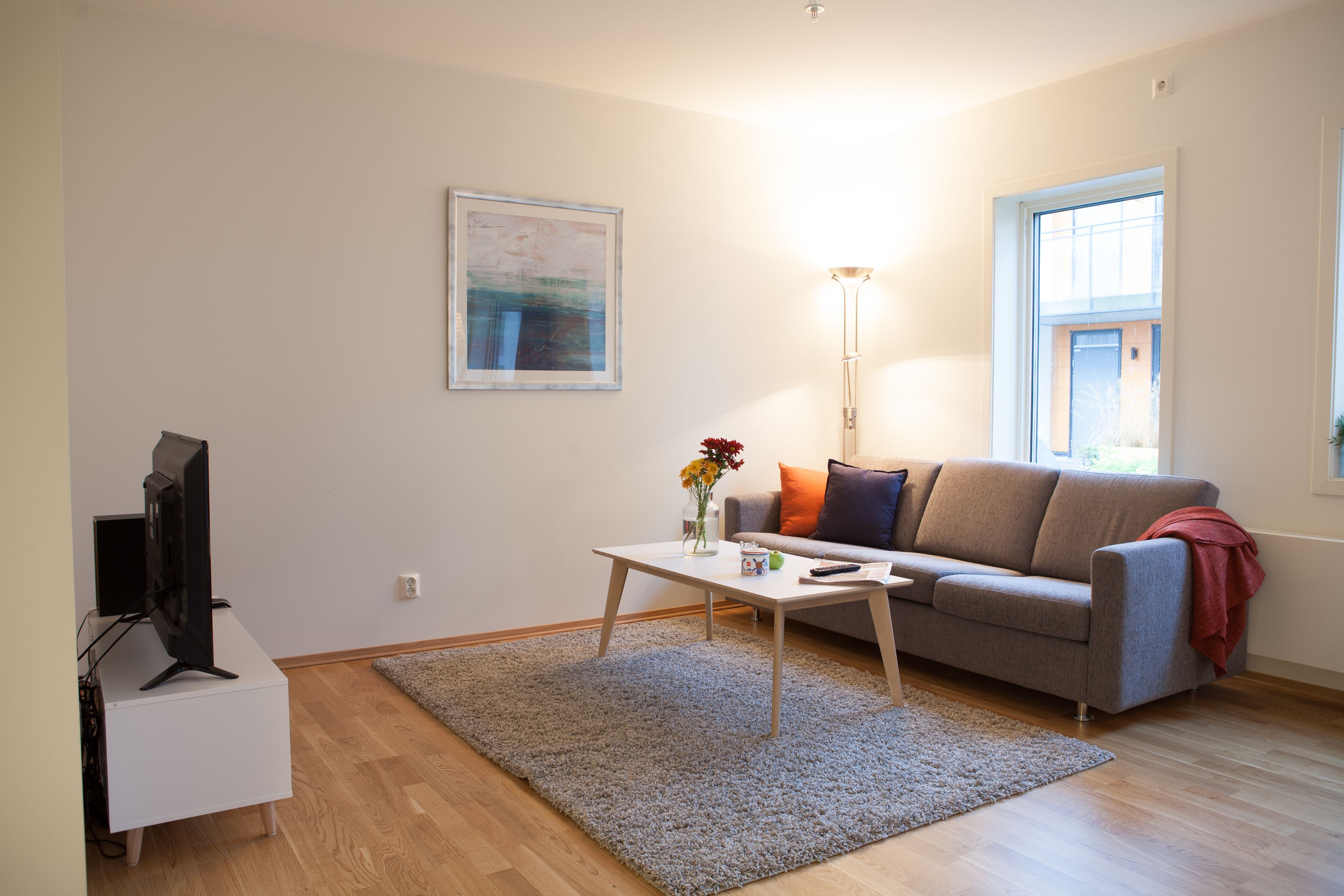 A living room with a grey sofa, a white coffee table, a flat-screen TV, a floor lamp, and a painting on the wall.