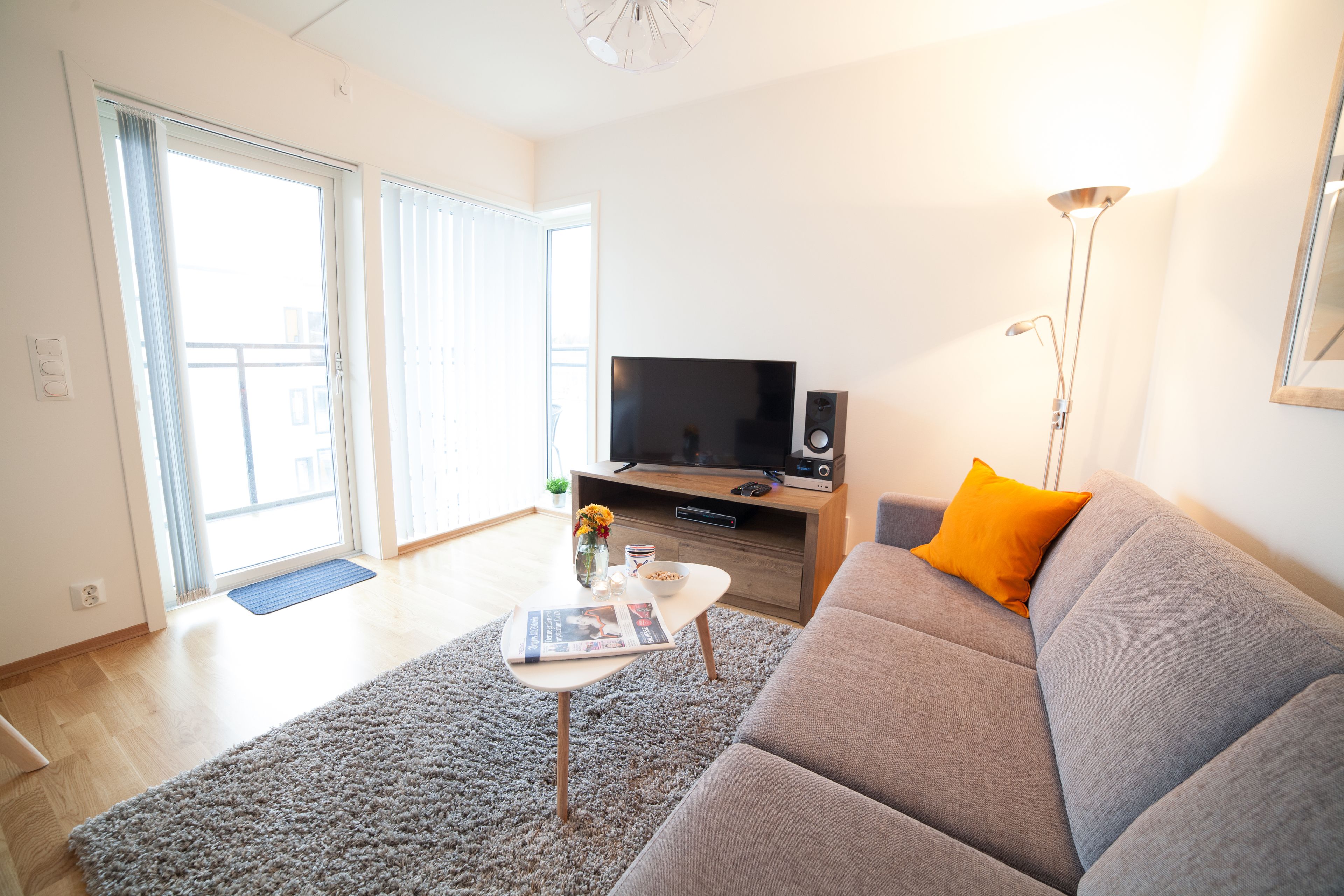 A living room with a grey sofa, a coffee table with a magazine, a TV on a wooden stand, and a floor lamp.