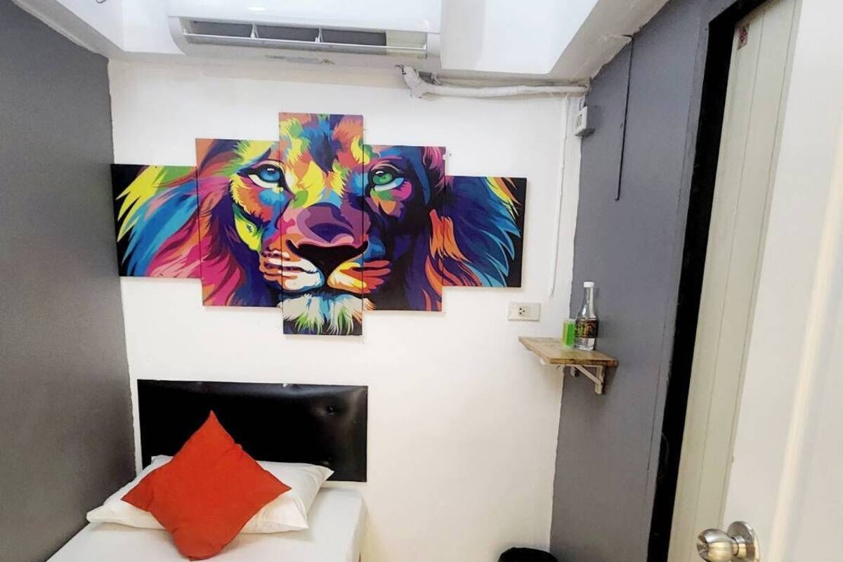 Une petite chambre d’hôtel moderne, avec un lit, un tableau coloré représentant un lion accroché au mur, un climatiseur blanc et une petite étagère contenant des articles de toilette.