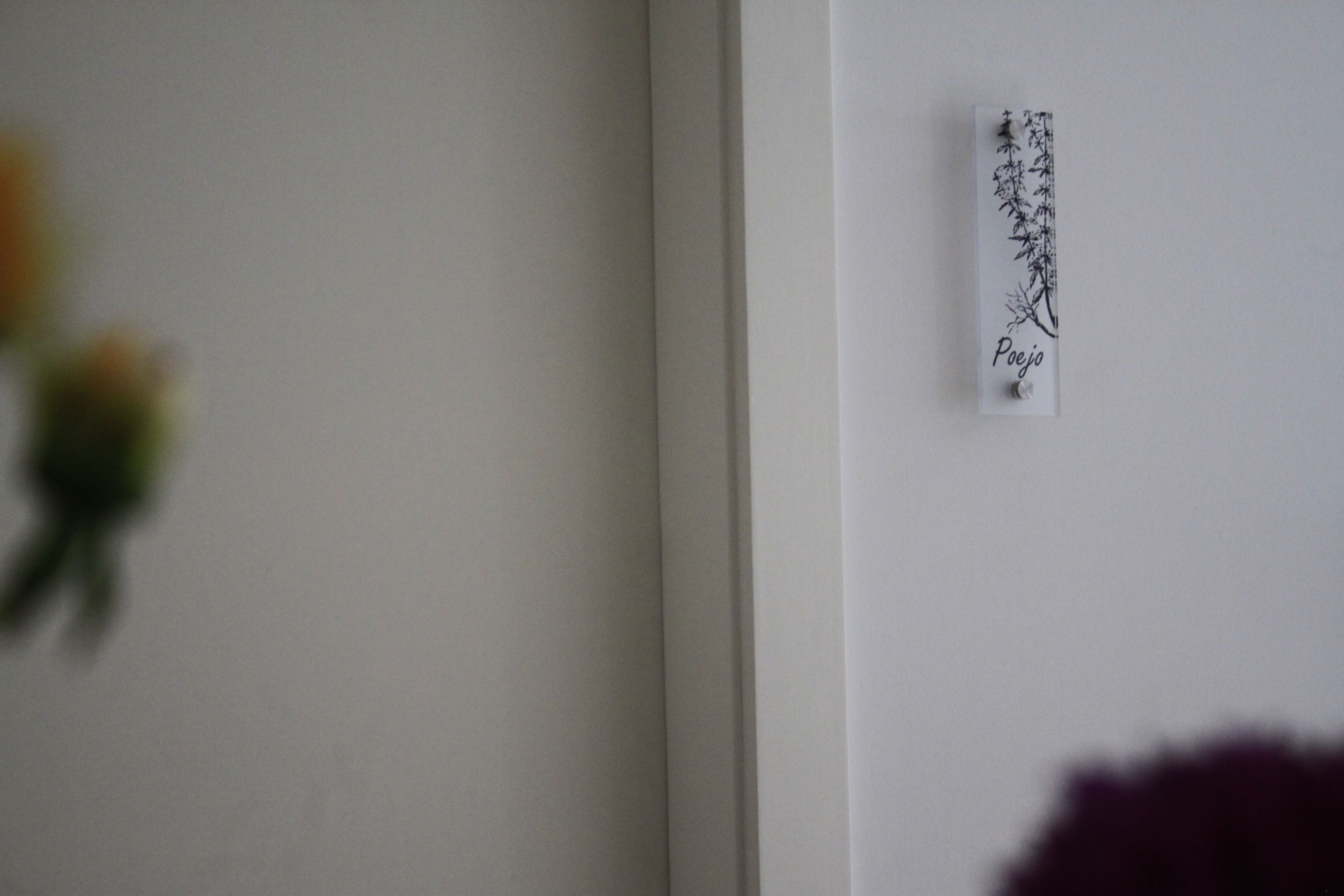 Una pared con un letrero vertical que muestra una rama de bambú y la palabra "Poejo".