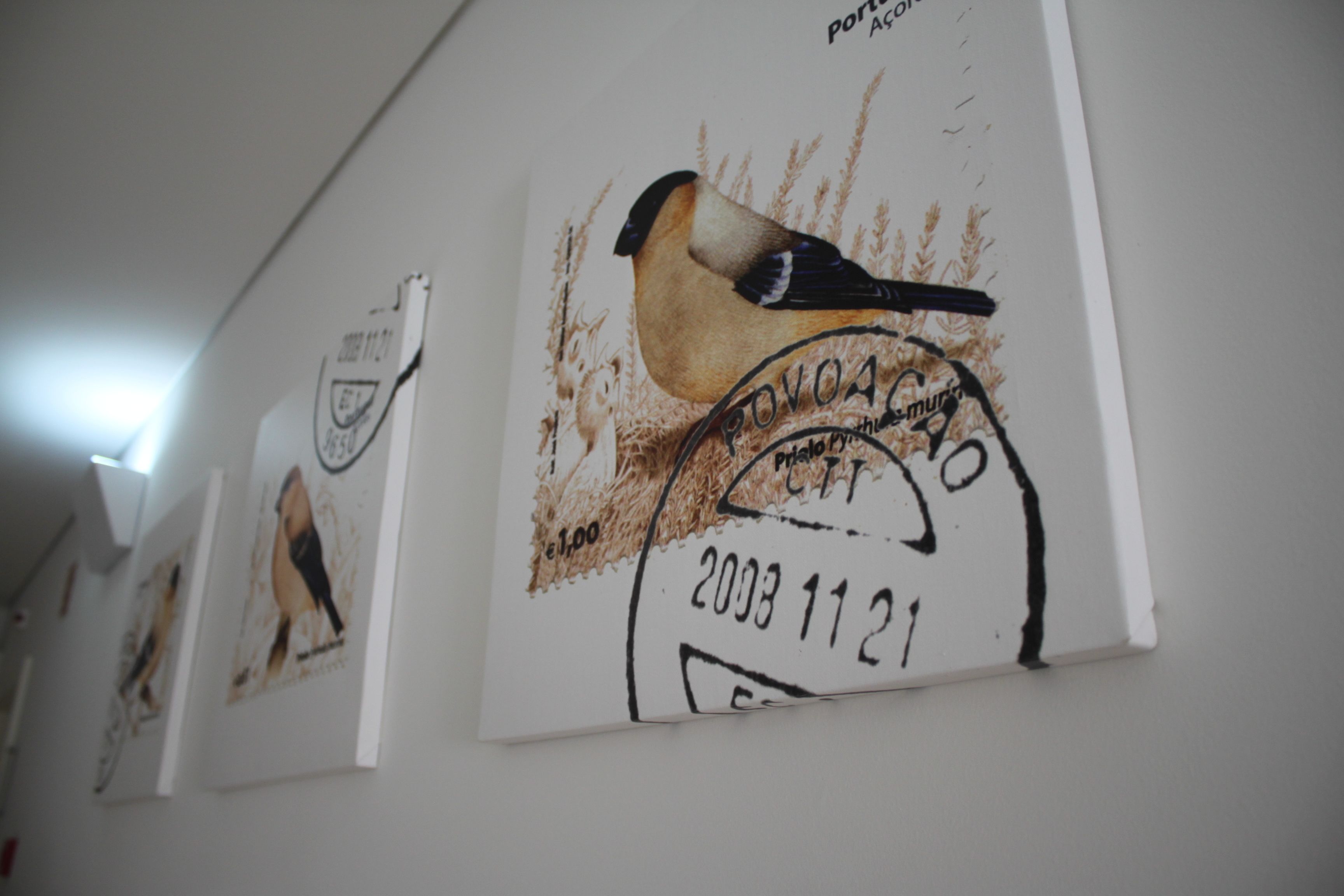 Eine Wand mit gerahmten Kunstwerken, darunter ein Vogel und ein stempelähnliches Design mit dem Datum 21. November 2003.