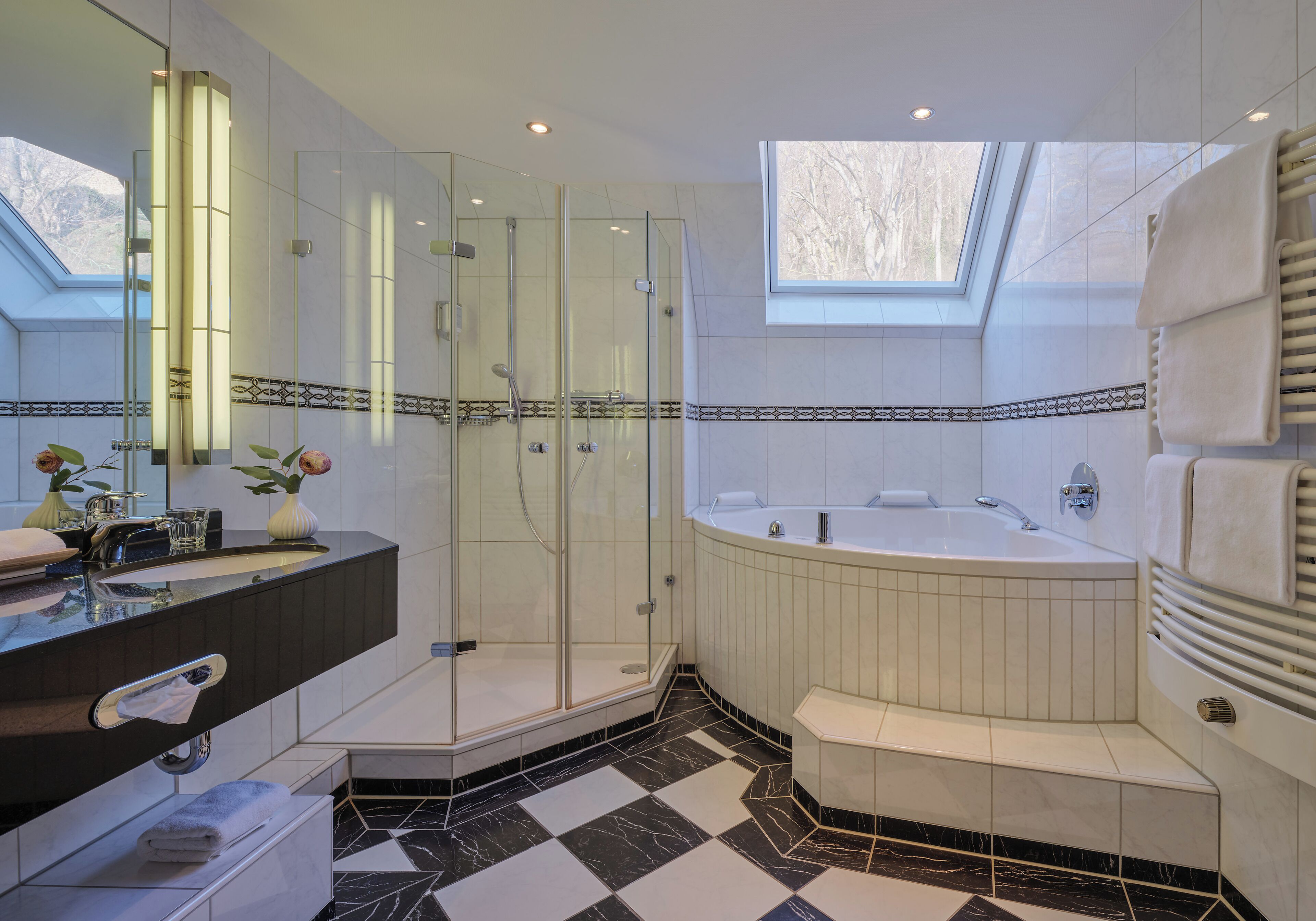 separate bathtub and shower, deep-soaking bathtub, rainfall showerhead