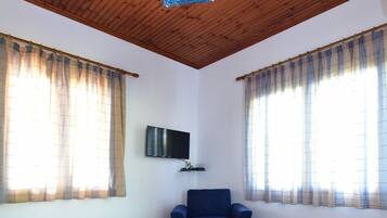 Une pièce spacieuse avec un plafond en bois, deux fenêtres avec des rideaux, un fauteuil bleu, une table en bois agrémentée d’un arrangement floral et un téléviseur à écran plat fixé au mur.