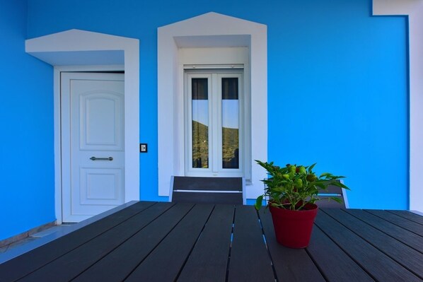 A wooden deck with a potted plant, a white door, and a window with curtains.