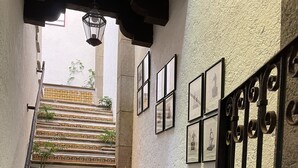 A staircase with patterned tiles, potted plants, and framed pictures on the walls.
