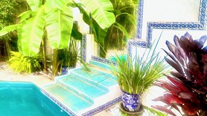 A pool area with tiled steps and surrounding lush greenery.