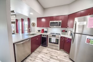 Condo, 2 Bedrooms | Private kitchen | Fridge, microwave, oven, stovetop