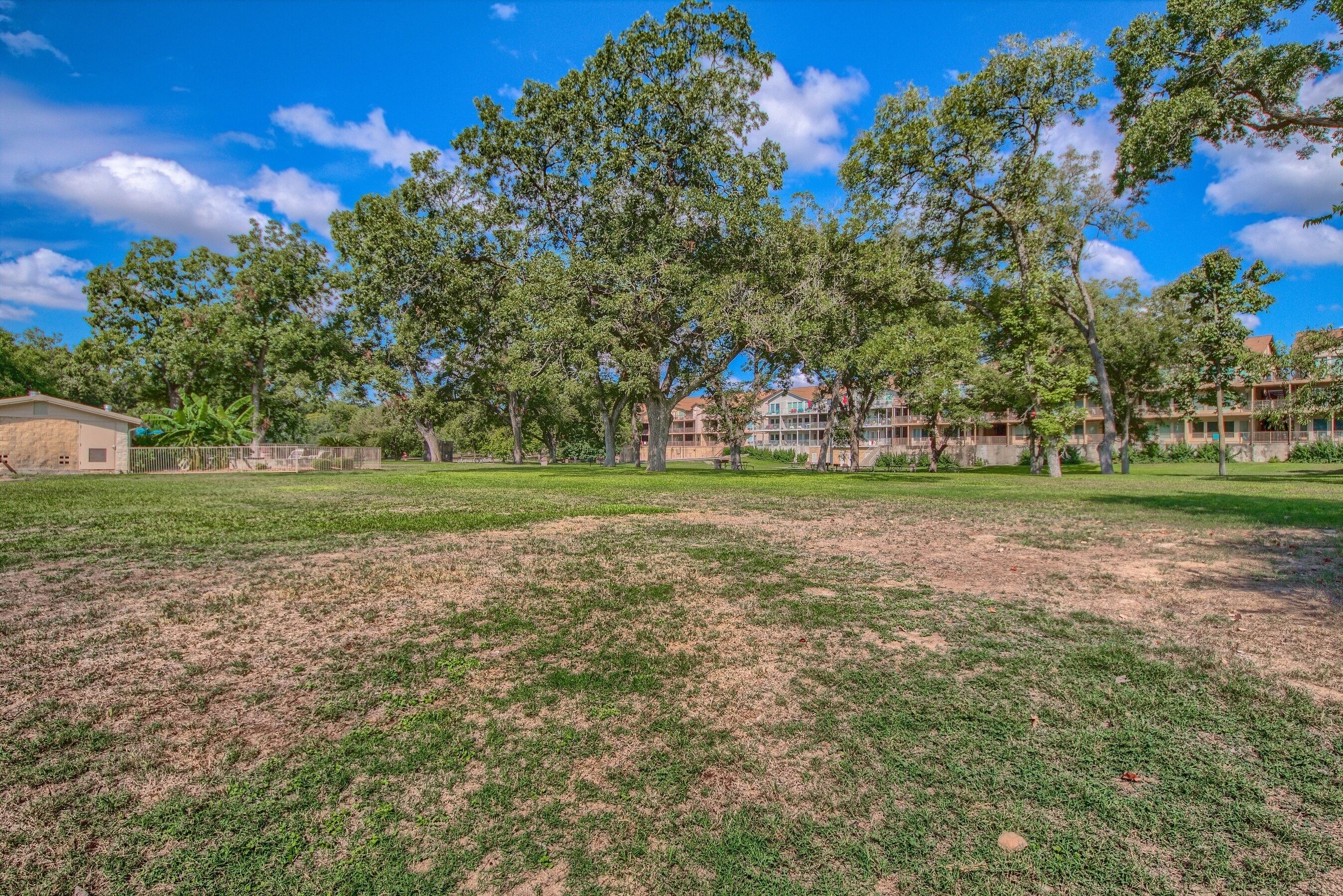 A grassy field with trees and a building complex in the background.