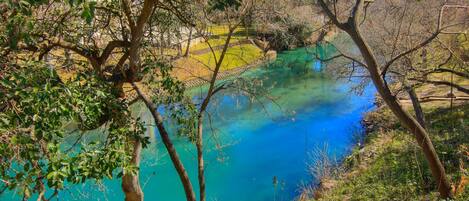 A natural landscape with a clear blue lake surrounded by trees and a grassy area.