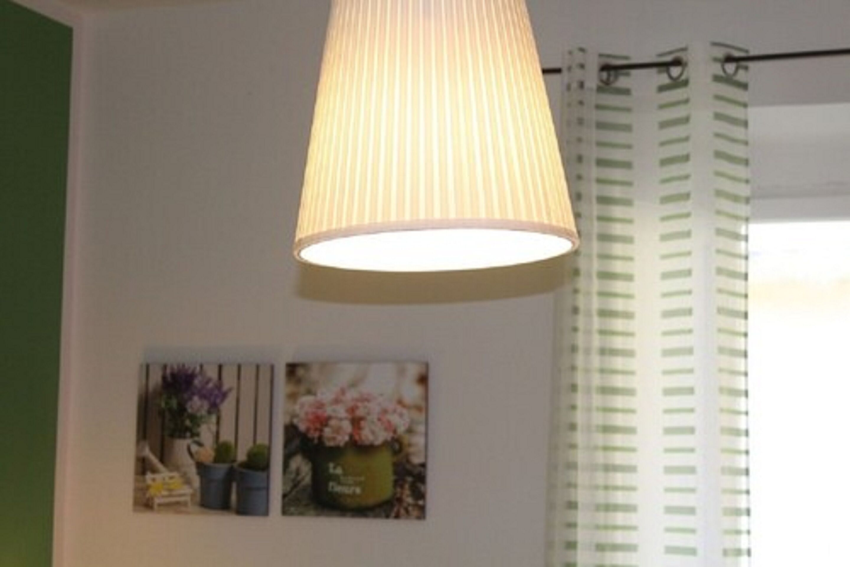 Une pièce avec une lampe suspendue, un mur vert et deux tableaux encadrés.