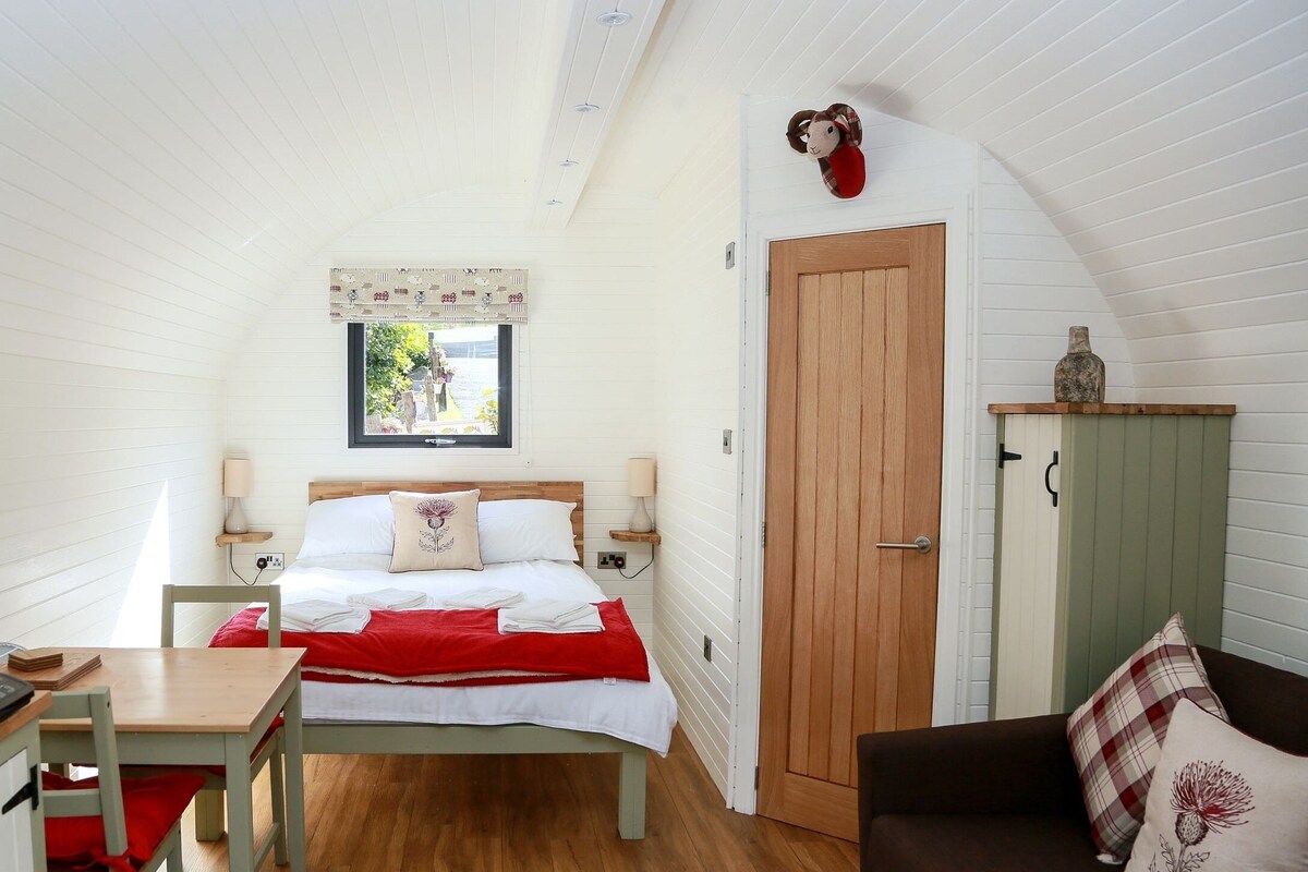 A cozy bedroom with a bed, bedside tables, a wooden door, and a view of the outdoors.