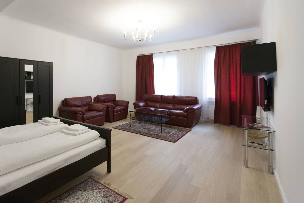 A modern room with a bed, two leather sofas, a TV, and a wardrobe.