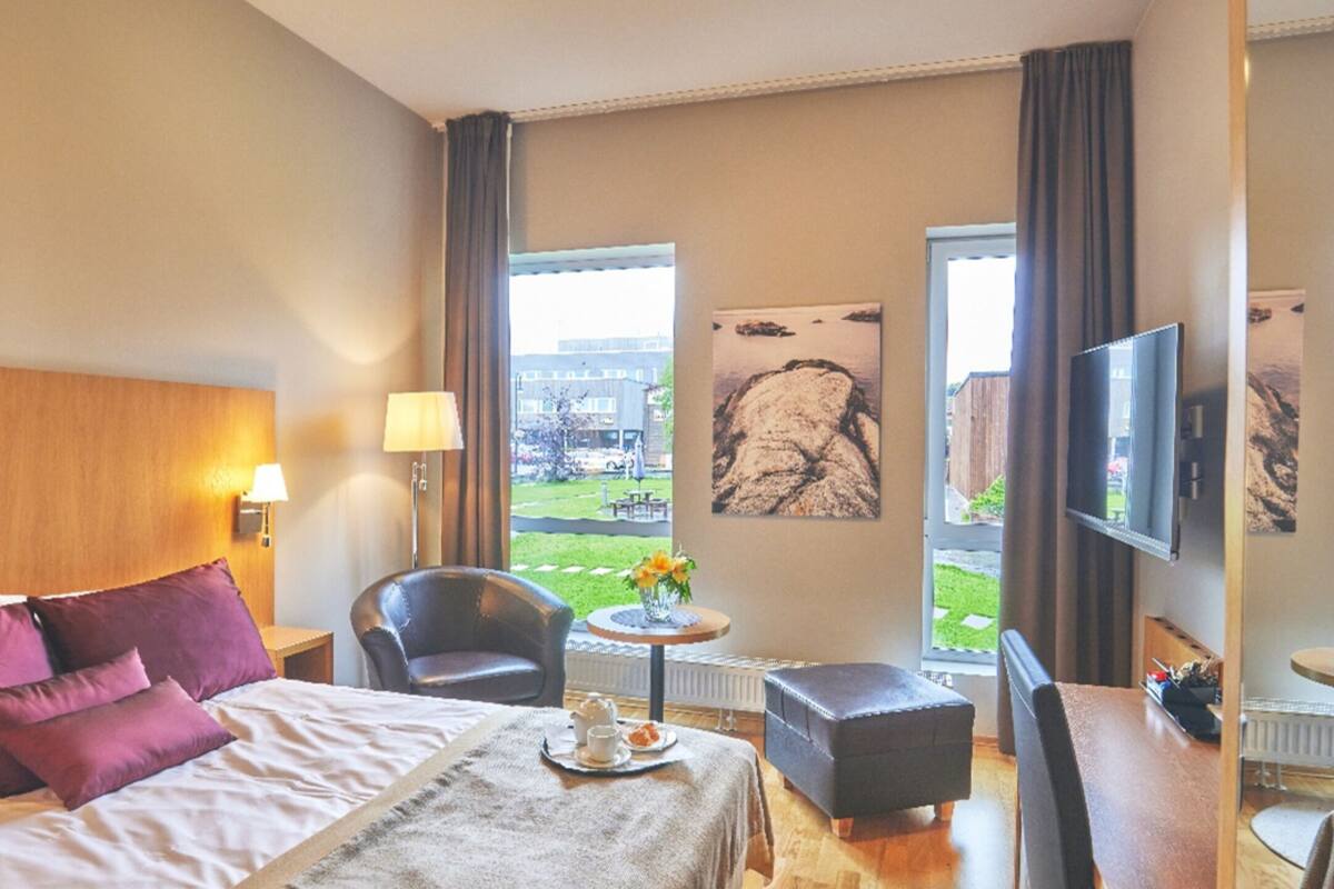 1 bedroom, desk, blackout curtains, iron/ironing board