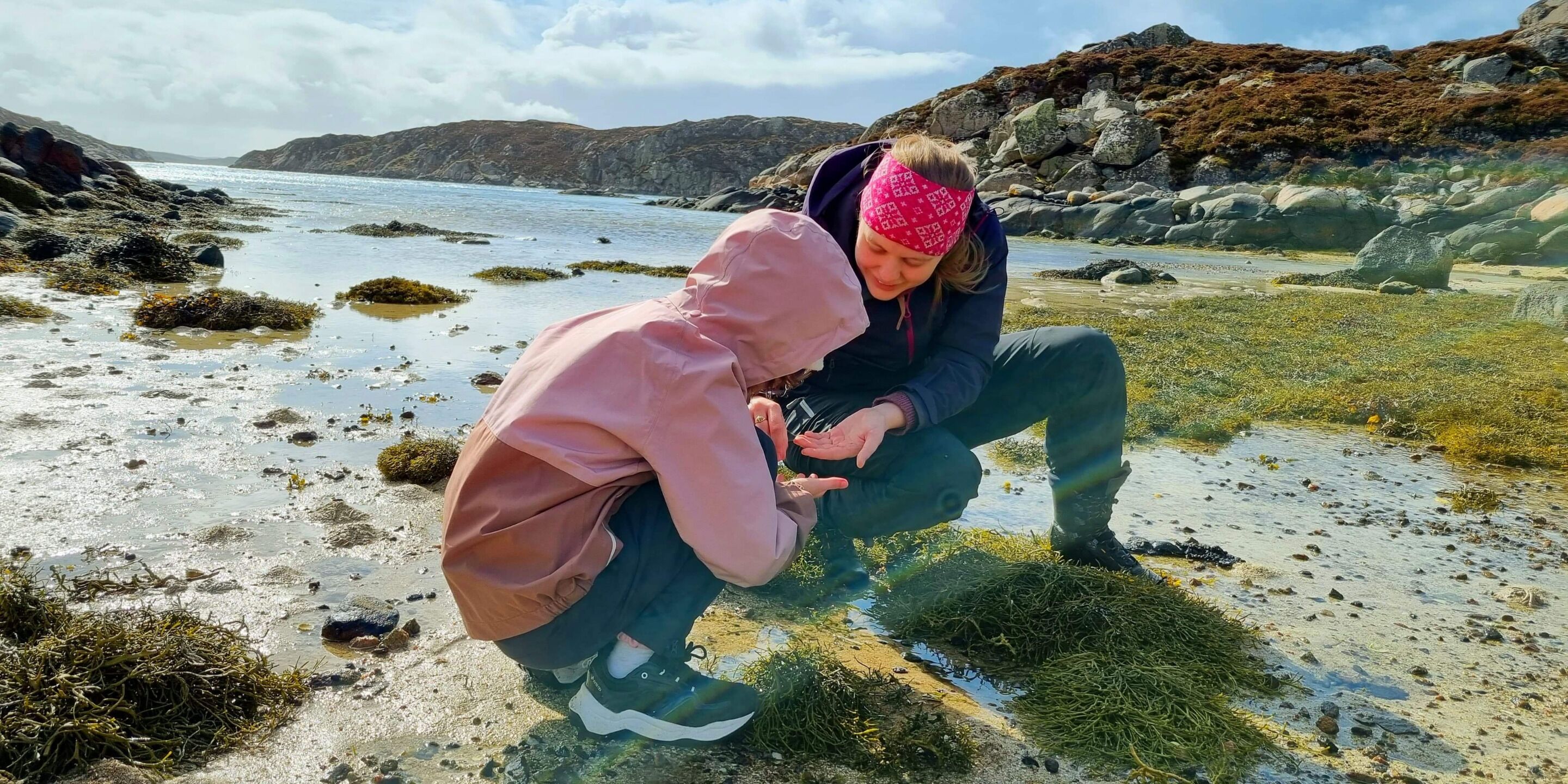 Une zone côtière rocheuse où l’on voit une personne accroupie près du bord de l’eau, entourée d’algues et de galets.