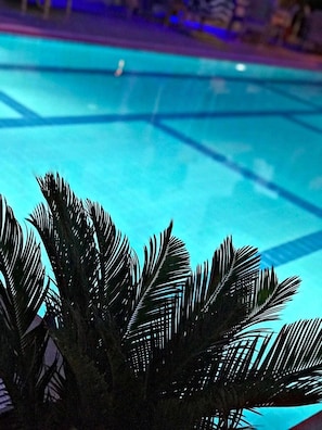 A pool with clear blue water and palm fronds in the foreground. - Lotus Hotel (Silifke)