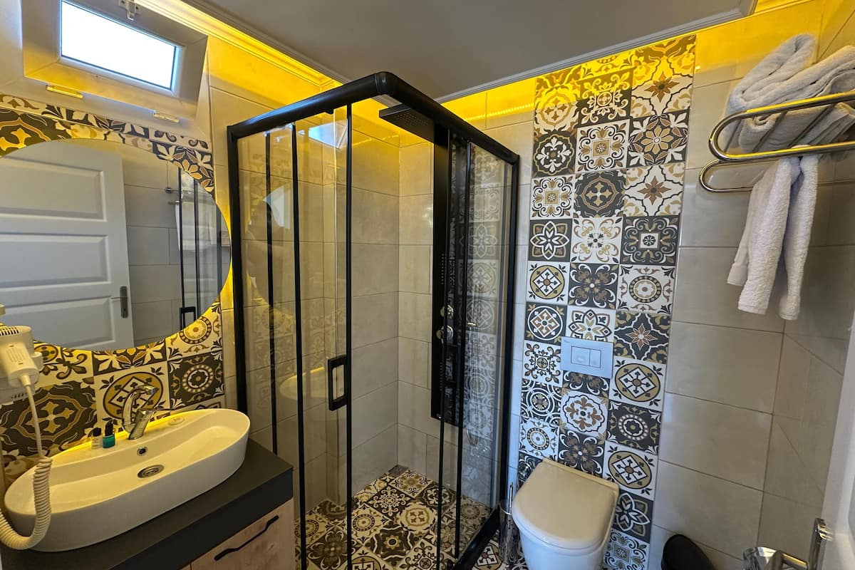 deluxe room | bathroom | shower, free toiletries, hair dryer, towels