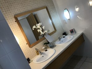 A modern bathroom with two sinks, a large mirror, and a small potted orchid.
