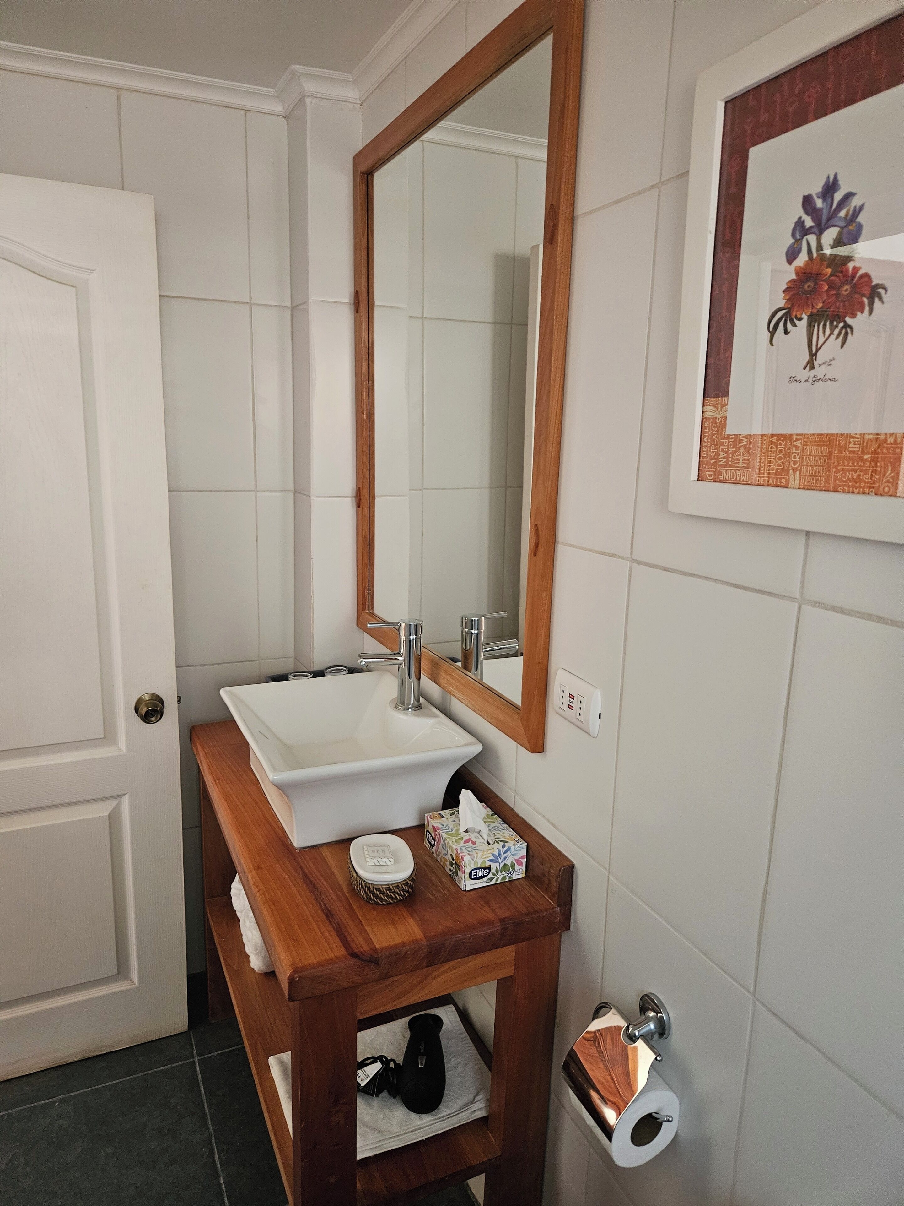 Un baño con lavamanos blanco, tocador de madera, un espejo grande, una obra de arte floral enmarco y un dispensador de papel higiénico.