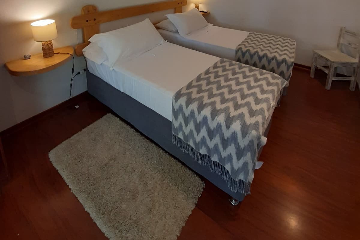 Une chambre avec deux lits, une tête de lit en bois, des lampes de chevet, un tapis et un climatiseur fixé au mur.