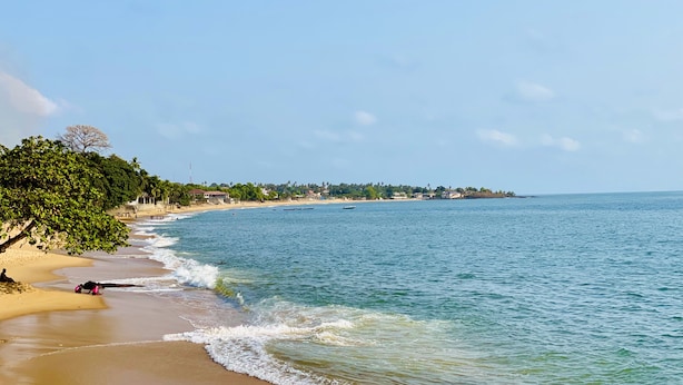 A beach with clear blue waters, a sandy shore, and a line of trees. - Occasions (Freetown)
